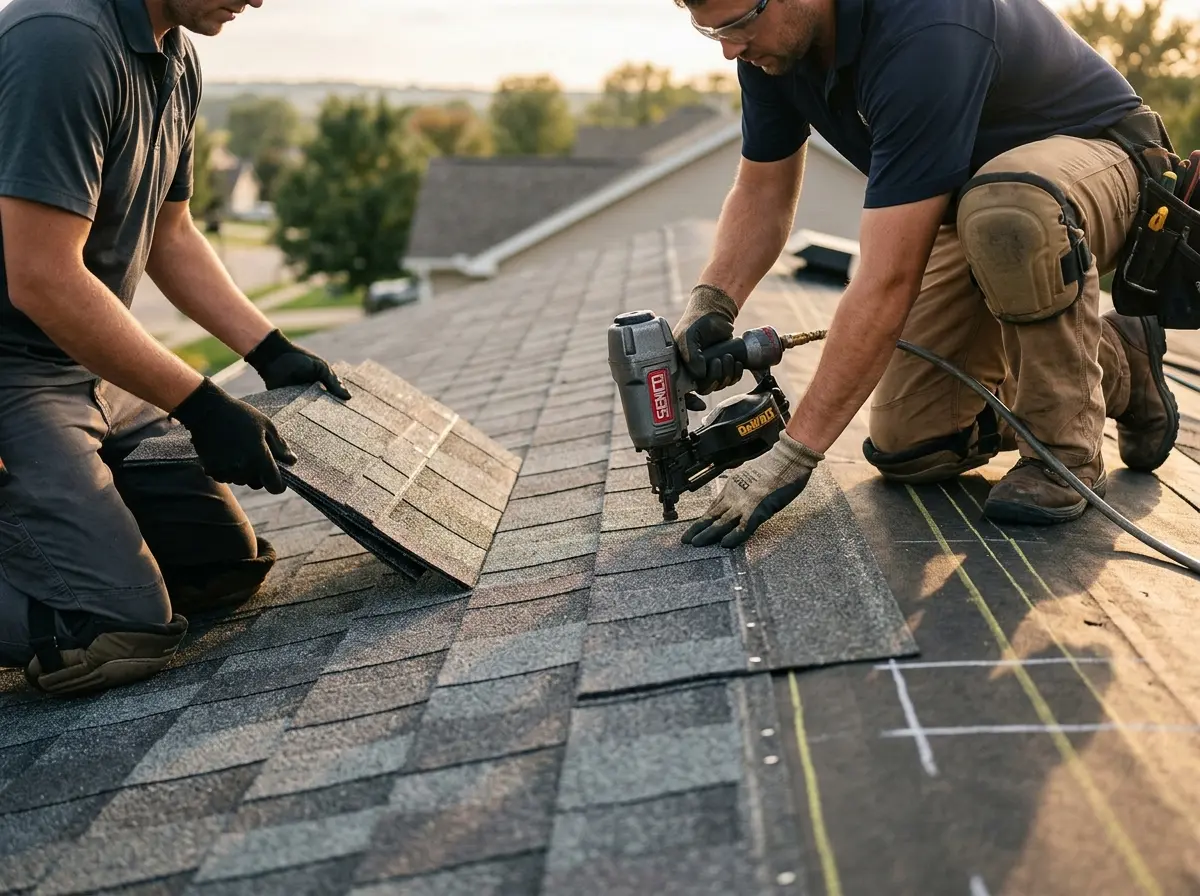 Professional roofer working on a residential roof in Leisure City